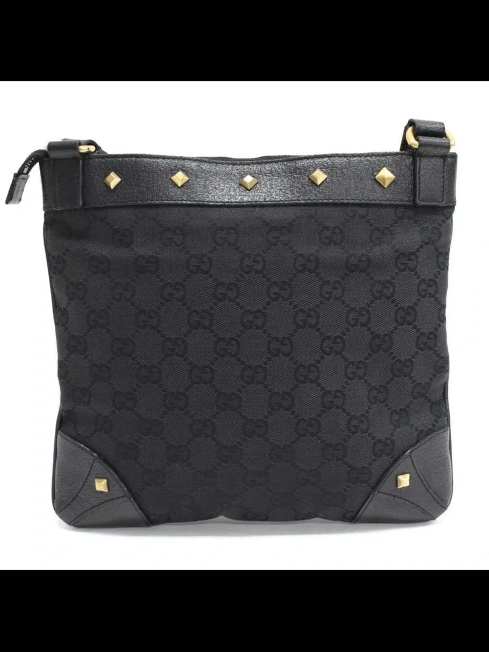 Gucci Black GG Canvas Messenger Bag with Gold Stud Accents